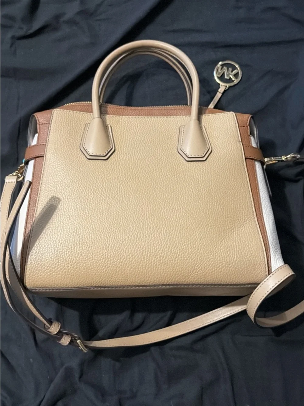 Michael Kors Beige, Brown & White Leather Satchel with Gold Logo Charm